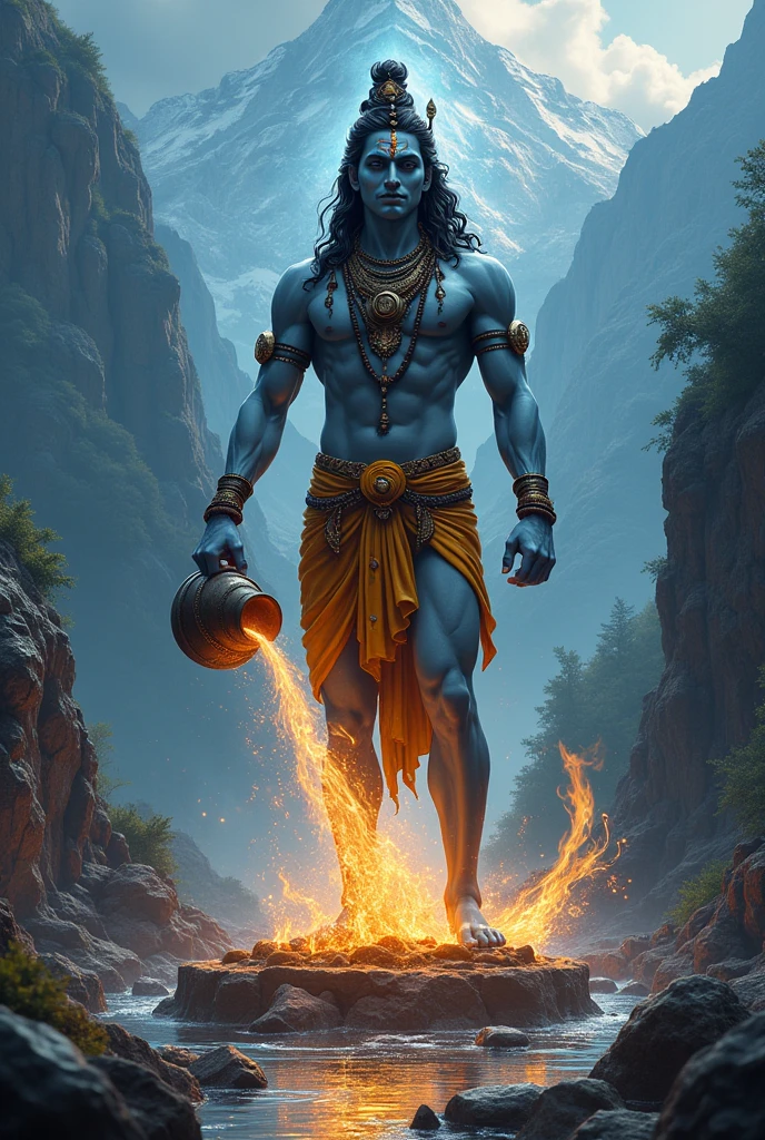 Generate an image of beautiful and muscular lord Siva pouring water from his kamandal on the sivling with love and the background of mountain and dark forest with lots of cosmic energy