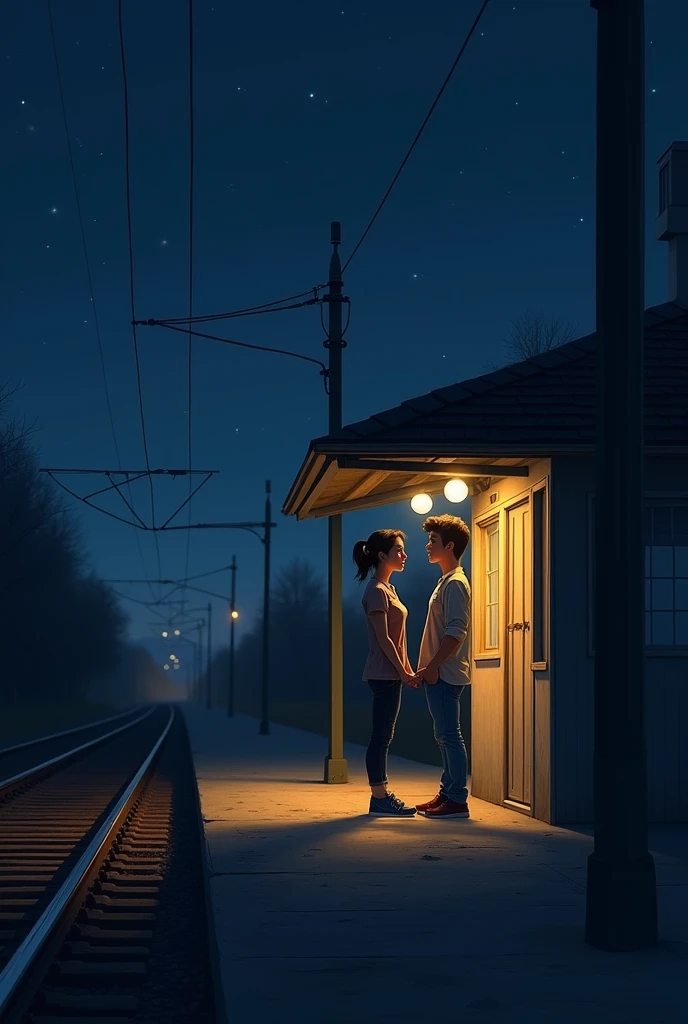 Two friends stand together on the railway small platform at night