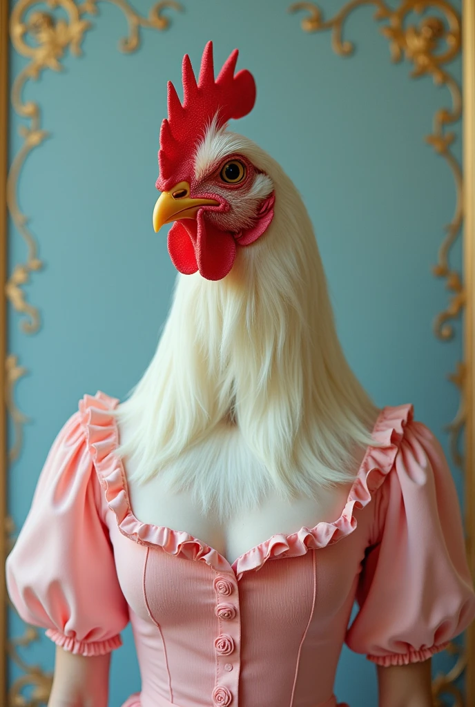 Portrait of a person wearing pink girl's clothes, with the chest, neck, face and hair completely replaced by a chicken's head, in the style of neoclassical portraits of the nobility of the 19th century, on a light blue background.