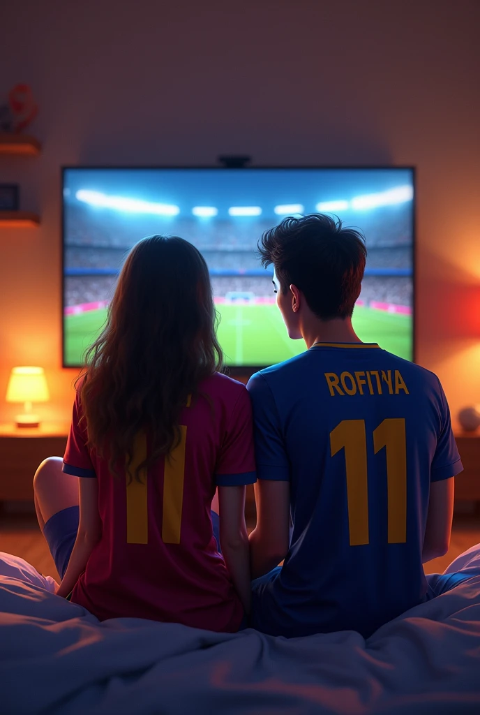 A couple name mohona (girl) and rafi (boy) is watching a football match Between Barcelona and Real mardid in their room. Wearing Jersey and Their name behind the Jersey.