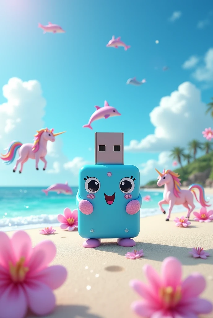 Square USB with cute face in blue with rainbow, glitter and on the beach animated behind unicorns and dolphins