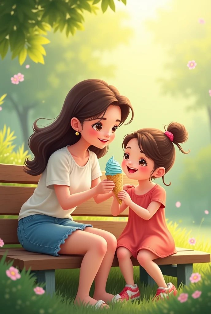 Mother with daughter on the bench eating ice cream 2d