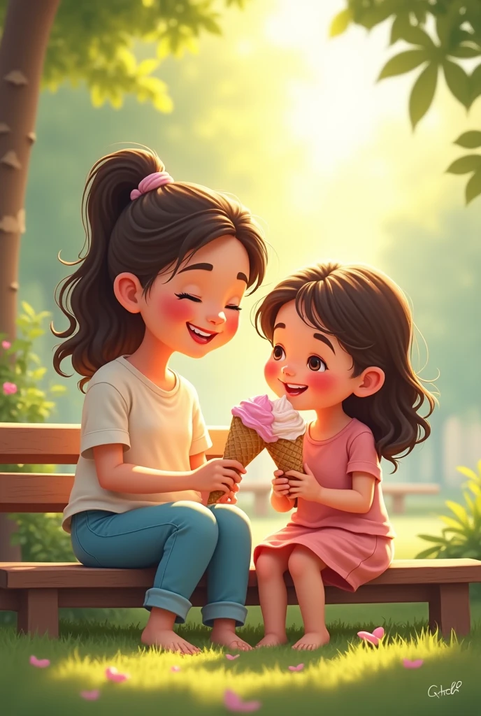 Mother with daughter on the bench eating ice cream 2d