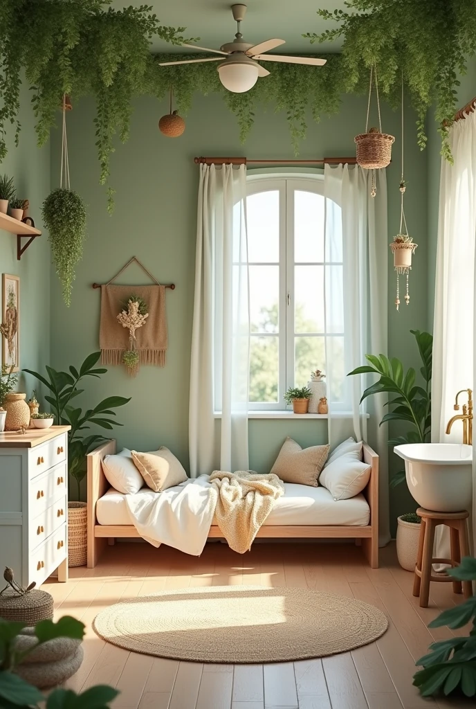 Create a baby room, with enchanted forest theme. The room must have a white dresser, white wardrobe, cama montessori, a movable hanging bathtub and a toy chest area. The room size is 2,75 for 2,95