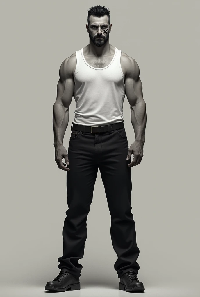 Tall Man, muscular, white tank top, black hair, short hair, black eyes, X-shaped scar on left cheek, short beard and mustache, pale, black pants, black shoes.