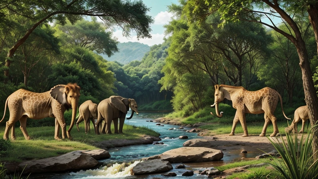 animals, lion, monkey, fox, elephant, giraffe, birds, in forest, trees, river, green plants, nature beautiful view