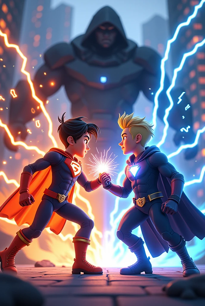 3D animation style "Skepticism to Teamwork**: Explore the initial mistrust between SuperNova and ThunderStrike as they battle each other, and describe the moment they realize they must work together to defeat ShadowMaster."