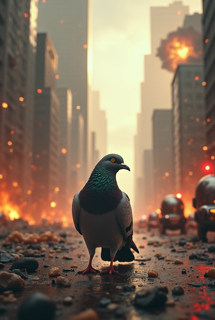 Pigeon in a city while the world is on fire and aliens destroy the earth with super strong lasers, and with atomic bombs, space fire, and robotic grills with laser eyes, and private