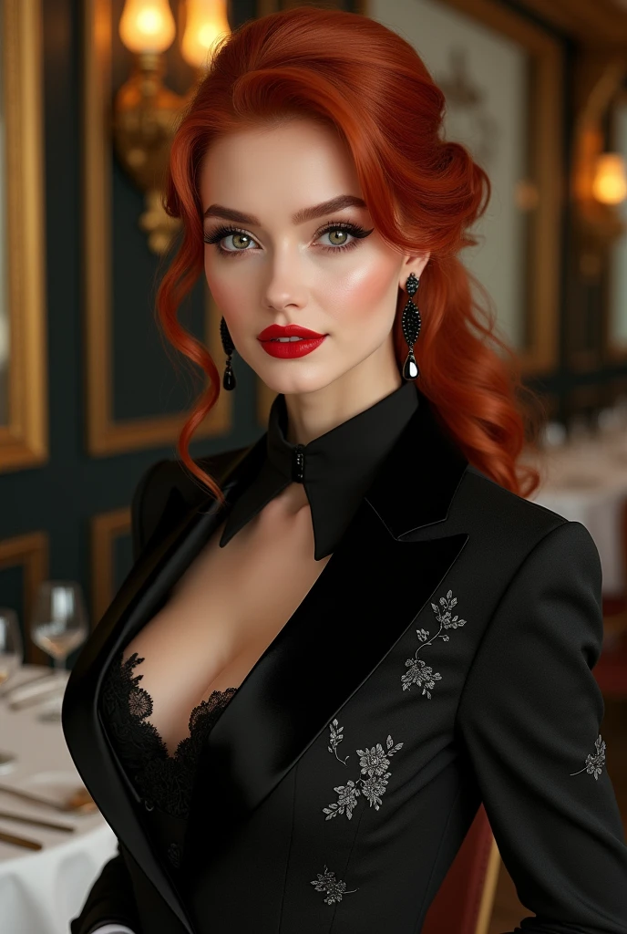red-haired woman,with fine and elegant black suit black earring,white gloves and black dress with black flowers,background of a refined restaurant with golden details