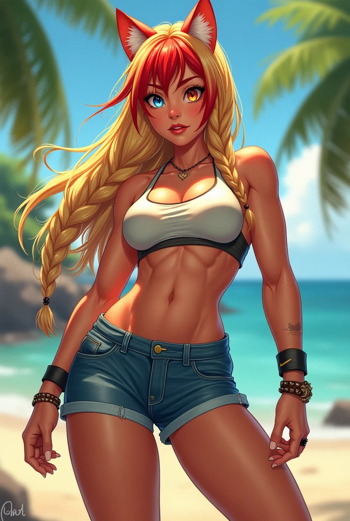 Very muscular woman body builder body of a professional fighter great physical attributes tanned brown skin she has sun marks from her bra and thong panties in Vê, She is blonde with long hair with red bangs and two long braids and cat ears., It has eyes of two different colors, the left one is pool blue and the right one is yellow, both eyes have cat pupils, She is wearing very typical Brazilian clothing, a women's tank top, denim shorts and flip-flops.. Artstyle Vtuber