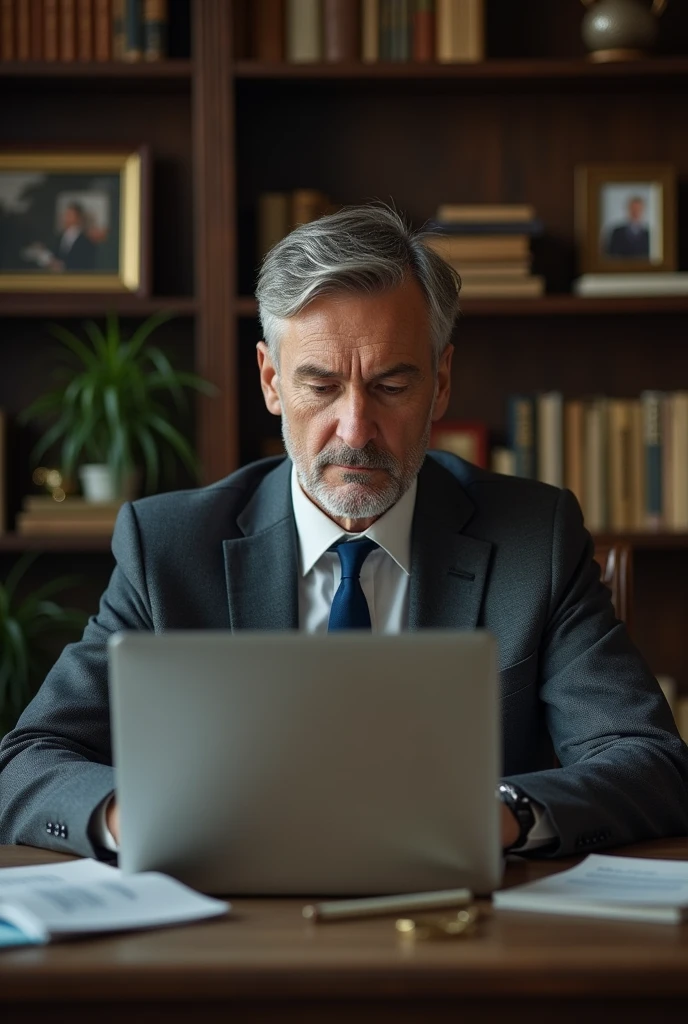 A man sitting on a desk and when using his laptop he was looking through his laptop