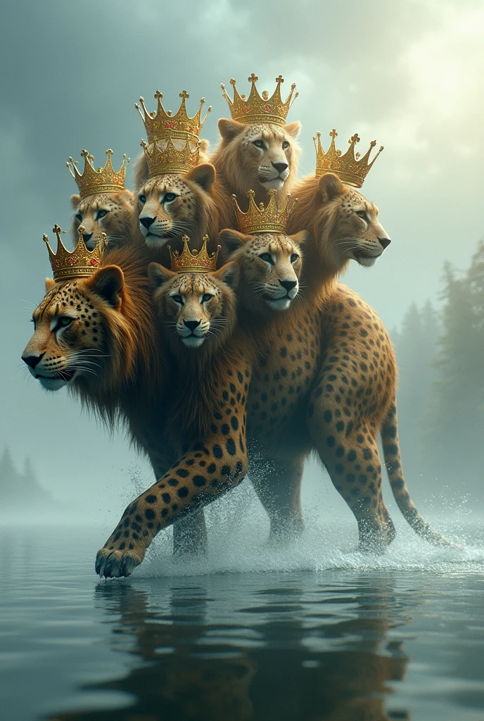 Leopard with 7 heads 10 crowns with lion&#39;s head and bear&#39;s legs walking on water 