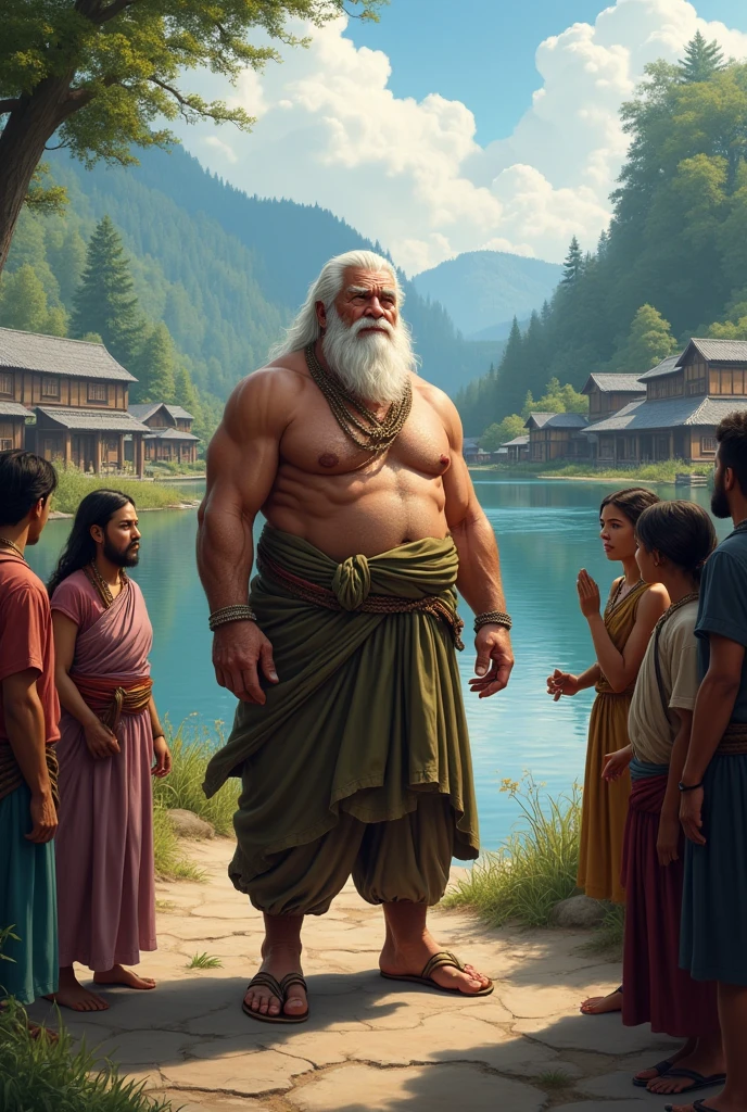 Group of village people see strong old person in front of lake and village people talking to old strong person
