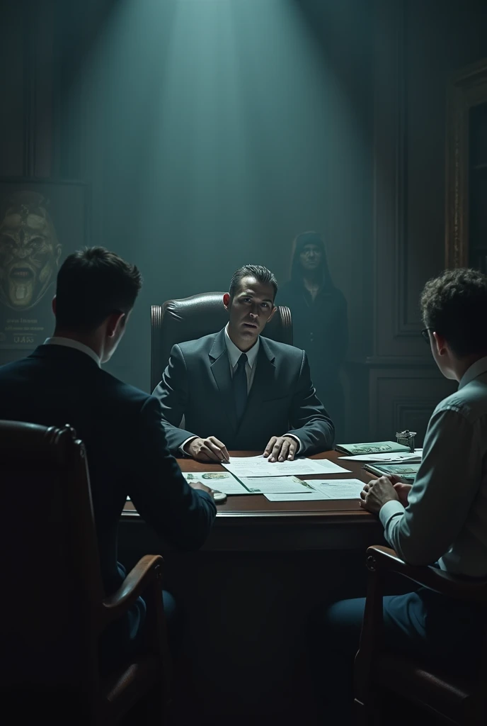 An office or meeting room with low lighting and a somber atmosphere. At the center, a scorpio is sitting in a chair of authority, like an imposing office chair or an elegant armchair. The person has a calculating and penetrating expression, perhaps with a slight enigmatic smile. Em frente a ela, a colleague or rival is sitting in a defensive posture and visibly anxious.
on desk, there are documents or photos that may represent sensitive information or secrets. The Scorpio is analyzing these materials with an intense gaze., indicating the revenge strategy. The environment may have details that suggest a sense of control and manipulation, such as a desk with locked drawers or an environment that evokes a sense of surveillance. The tension and unpredictability of the Scorpio are evident in the scene., with a climate of latent threat and calculated strategy.