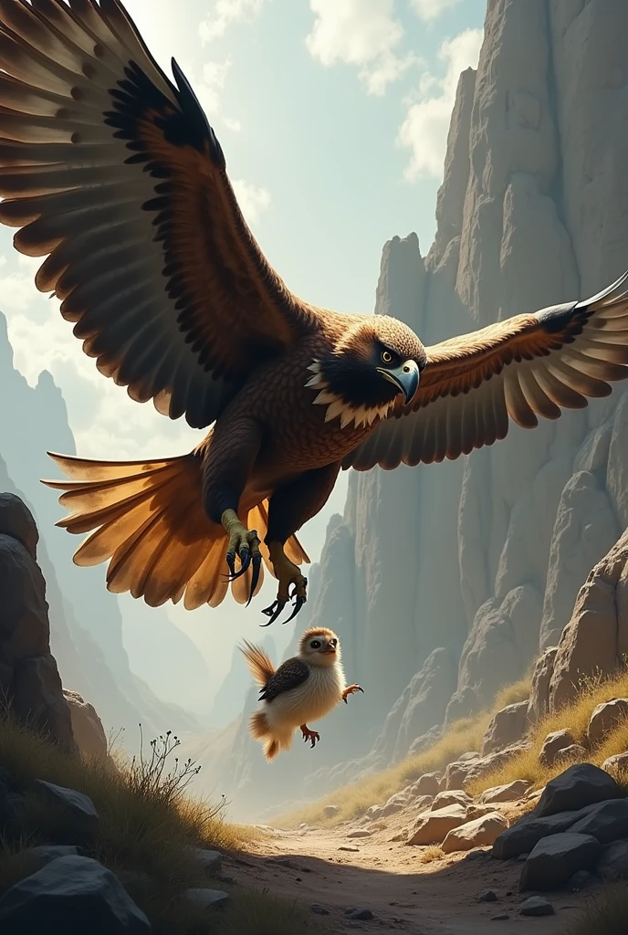 Hawk heading towards a featherless chick 