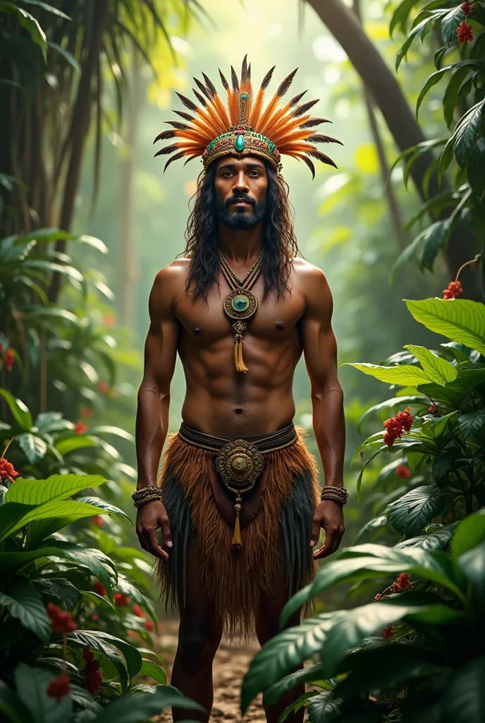 indigenous man, is in a dense, tropical forest surrounded by plants. He wears an elaborate headdress made of colorful feathers. The expression on his face is serene and wise, reflecting his deep connection with nature and ancestral spirits. Sunlight penetrates the treetops, creating a play of shadows and lights around you. no beard