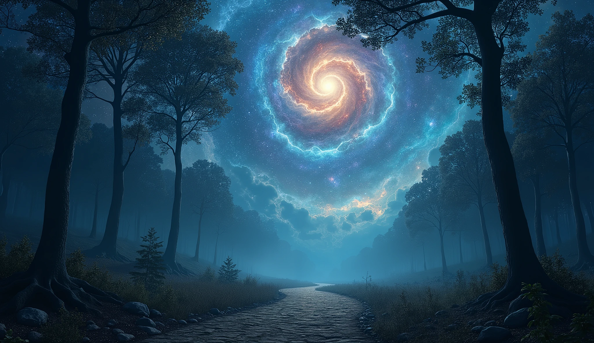 wallpaper of dark forest path, galaxy instead of sky, epic view