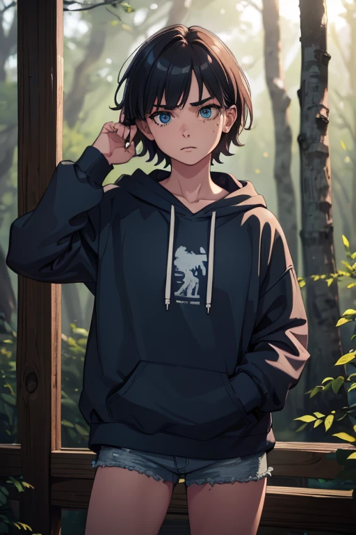 a tomboy girl, short messy hair, piercing blue eyes, strong jawline, freckles, oversized hoodie, ripped jeans, combat boots, athletic build, confident expression, dynamic pose, outdoor forest setting, natural lighting, muted earthy tones, detailed textures, cinematic composition, (best quality, 4k, 8k, highres, masterpiece:1.2), ultra-detailed, (realistic, photorealistic, photo-realistic:1.37)