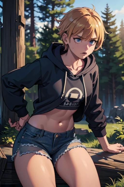 a tomboy girl, short messy hair, piercing blue eyes, strong jawline, freckles, oversized hoodie, ripped jeans, combat boots, athletic build, confident expression, dynamic pose, outdoor forest setting, natural lighting, muted earthy tones, detailed textures, cinematic composition, (best quality, 4k, 8k, highres, masterpiece:1.2), ultra-detailed, (realistic, photorealistic, photo-realistic:1.37)