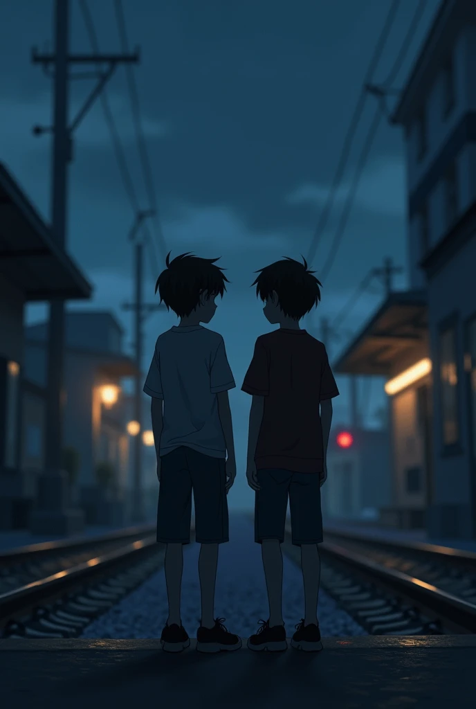 Two boys stand together on the railway small platform at night