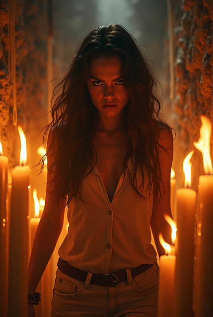 Create a detailed image of an angry brunette lady with long, wavy hair, her expression intense and defiant, as she is surrounded by large, thick candles that form the walls of a prison cell. The candles are lit, and their flames flicker violently, casting dramatic shadows on her face. The setting is dark and confined, with the fiery glow from the candles illuminating her fierce, determined gaze. The melted wax drips down, resembling the bars of a cage, yet her posture suggests she is ready to break free. The overall atmosphere should convey tension, anger, and a sense of rebellion.