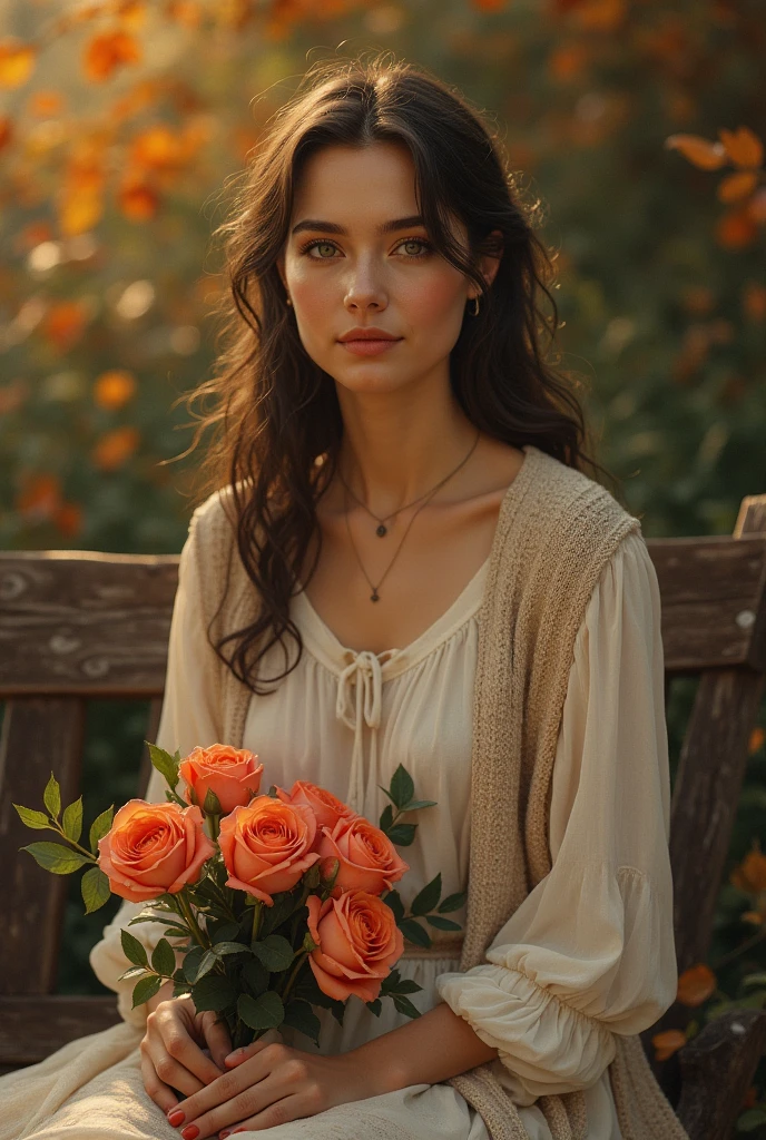 Create a detailed and realistic portrait of a 40-year-old woman, Place her in a setting that captures the essence of autumn, such as a garden bench with warm lighting, a rustic backdrop or an outdoor scene with autumn foliage. Include small rose flowers in the portrait, perhaps as a bouquet in her hand or as a centrepiece on a nearby table. Make sure the overall picture evokes the feeling of warmth, cosiness and tranquillity characteristic of the autumn season.’ Greg Rutkowski, by Alphonse Mucha