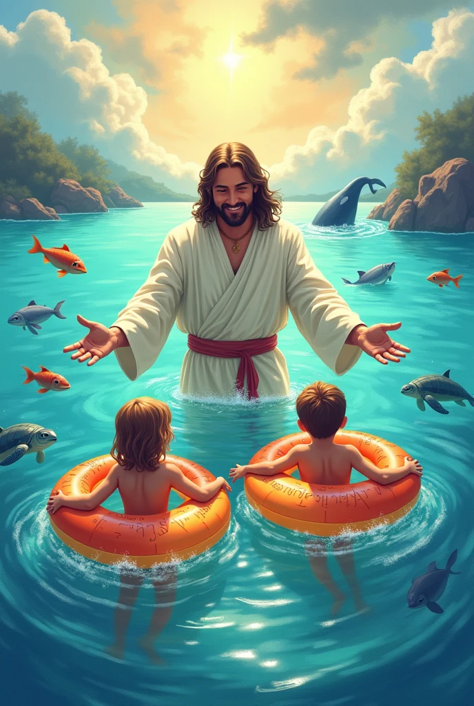 Create a written shirt art : Jesus our lifesaver. DRAWING of JESUS in the sea, with 2 cute kids with float, put fish, whale and turtles.
Blended background I want the image in drawing