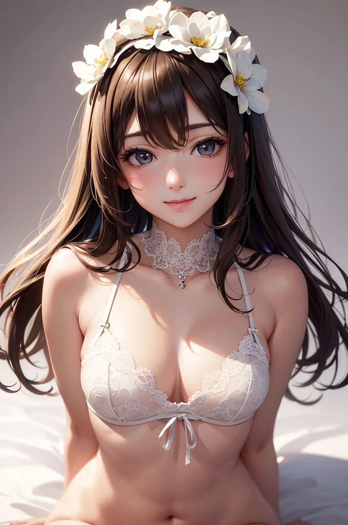 Best Quality,High resolution,8k,(plain white background, no patterns, no textures, just a plain white background:1.3),Masterpiece:1.2),beautiful girl,Big Breasts,(Shiny brown hair:1.3),messy hair,Beautiful brown eyes,A set of lingerie featuring intricate lace detailing. The black bra has delicate lace trim along the edges with a floral or geometric pattern, and adjustable straps with small, refined accents. The panties are designed with matching lace, featuring a soft, breathable fabric with a touch of elegance. The color scheme is sophisticated, such as soft pastels or classic black with subtle touches of gold or silver,Gentle look,A refreshing look,smile,Best quality,Best Quality,Aesthetic and aesthetic:1.2,Best details((Super detailed))(High-definition CG illustrations),Slender body,smile,blush,cute,Scrounge,Looking up,Being spoiled,lie down,full body