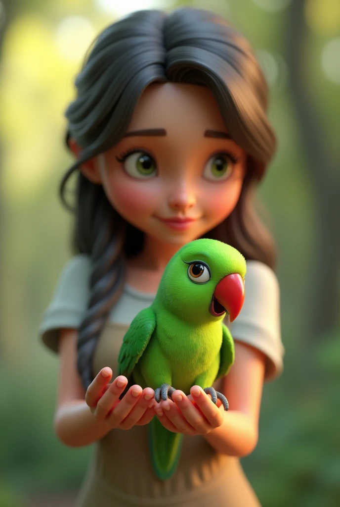 3d animation, woman holding a green bird with a red beak, of the ring neck species Psitaculla krameri