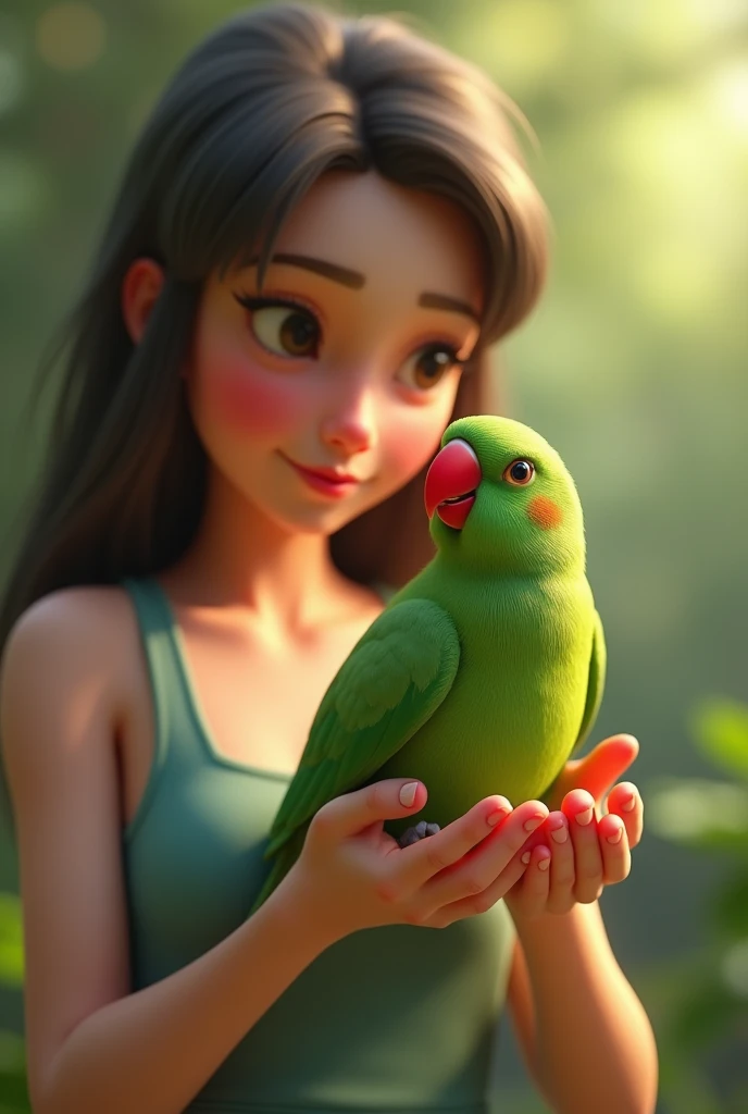 3d animation, woman holding a green bird with a red beak, of the ring neck species Psitaculla krameri
