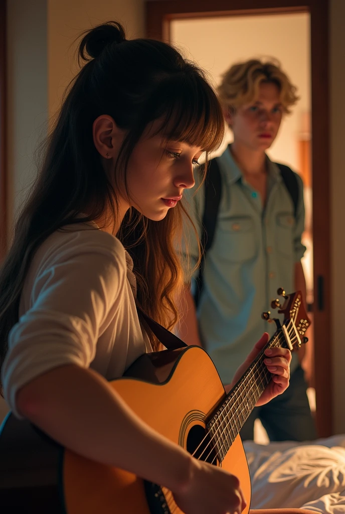 C'est une photo d'une jeune fille, de longue chevelure noir avec une frange Dora et des yeux marrons entrain de jouer de la guitare dans sa chambre et par la porte d'entrée de sa chambre se trouve un jeune homme au cheveux blond chatain et des yeux turquoise rivé vers la jeune fille et entrain d'écouter sa douce mélodie