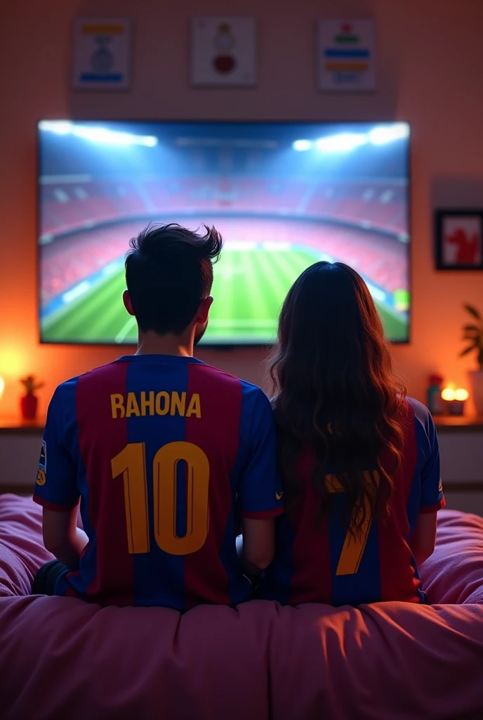 A couple name mohona and rafi is watching a football match ween Barcelona and Real mardid in their room. Wearing Jersey and Their name behind the Jersey. Jersey number 10 and 7.