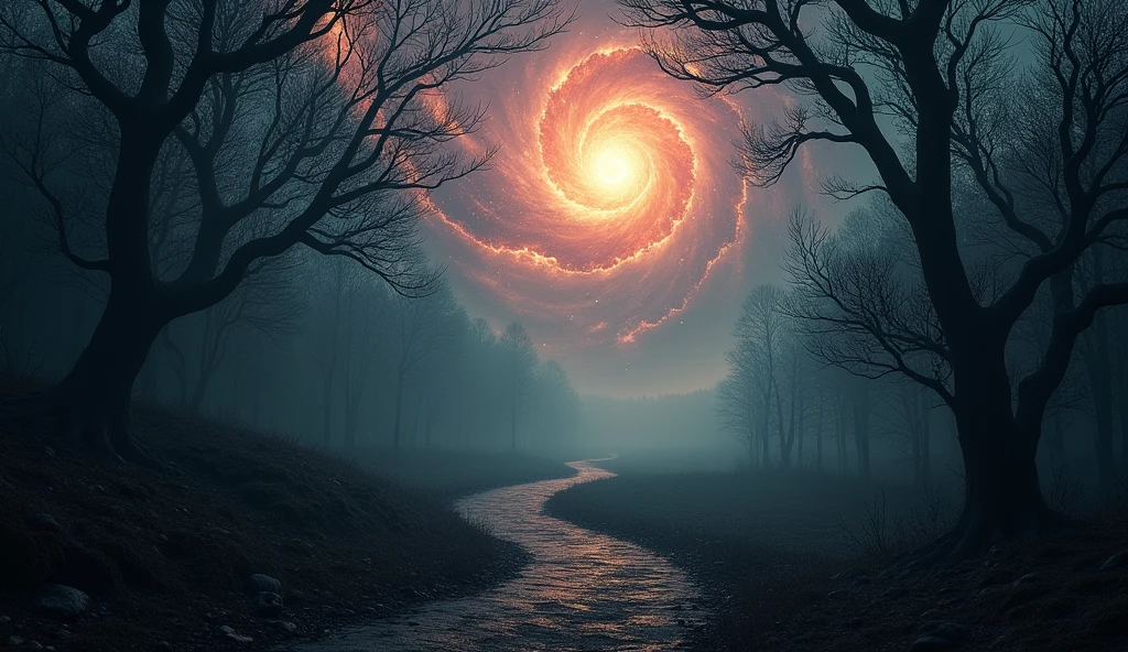 wallpaper of dark forest path, galaxy with supernova explosion instead of sky, epic view