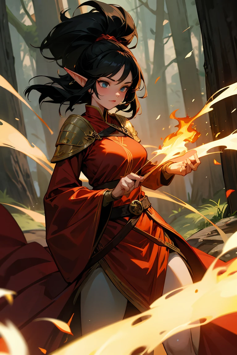 Dnd woman, black hair, big boobs, red clothes, Fire, warrior, forest, nature, magic, elf, 