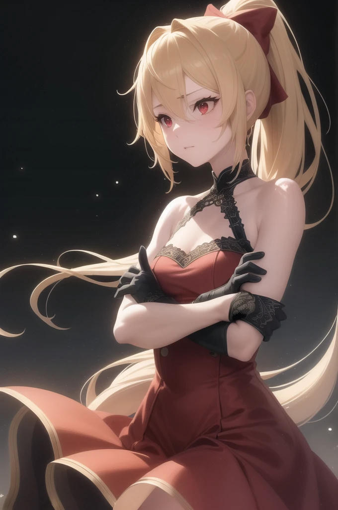 light particles, soft lighting, volumetric lighting, intricate details, finely detailed, backlighting,

1girl, solo, standing, upper body, crossed arms,

blonde hair, long hair, high ponytail, hair intakes, sidelocks, red bow,

red eyes, looking at viewer, tsurime, half-closed eyes,

red dress, off shoulder, bare arms, gloves,

black background, simple background,

