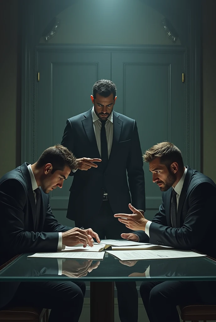 A dark and oppressive environment, such as a meeting room or an office in a corporate environment. In the center of the scene, Three figures, each representing one of the most ruthless signs of the zodiac, are highlighted. These figures have expressions of determination and coldness, reflecting their ruthless natures.
1. **Figure 1 (Scorpion):** This person is sitting with an imposing posture, analyzing documents with an intense and calculating gaze. His eyes convey a sense of deep concentration and intention..
2. **Figure 2 (Aries):** Standing next to, This person has an expression of frustration and intensity, perhaps pointing a finger or gesturing aggressively, representing his impulsiveness and brutal frankness.
3. **Figure 3 (CAPRICORNIO):** Sitting in a control position, This person is reviewing plans or charts with a critical and distant eye. The rigid posture and stern expression reflect his focus on discipline and control..
Ao fundo, the room has an austere and cold decoration, with details like a glass table, leather chairs, and lighting that accentuates the dark and tense atmosphere. The combination of the figures' expressions and postures reflects the ruthlessness and intensity of these signs..