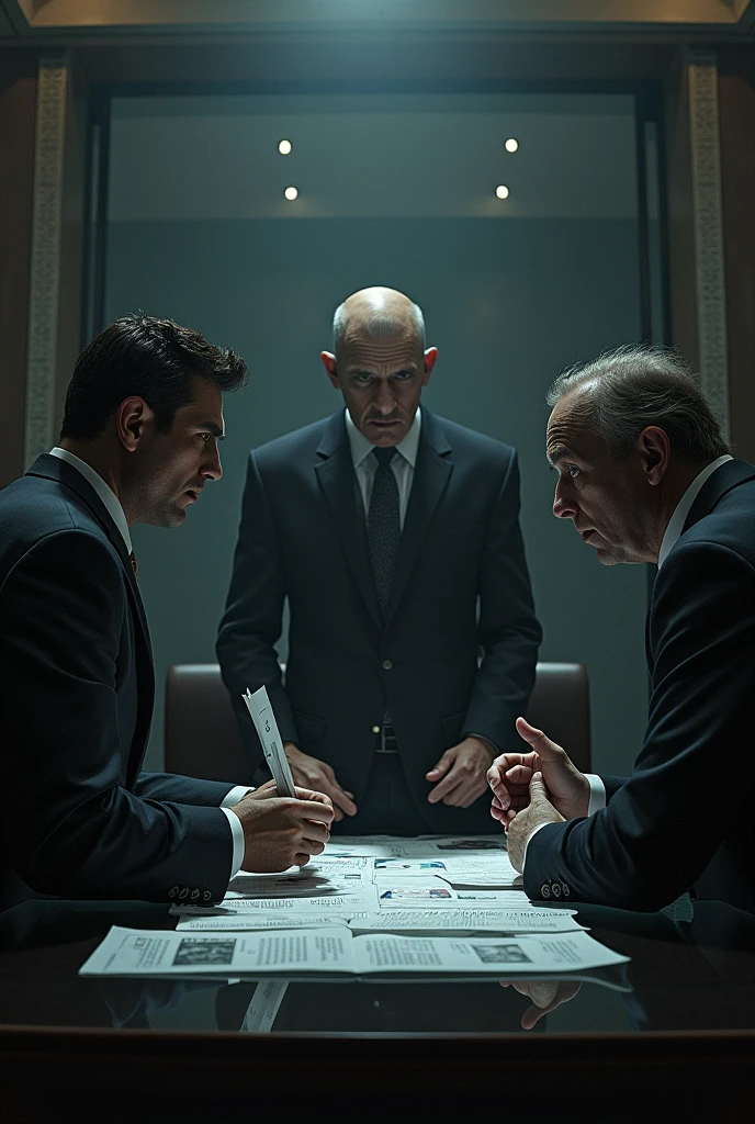 A dark and oppressive environment, such as a meeting room or an office in a corporate environment. In the center of the scene, Three figures, each representing one of the most ruthless signs of the zodiac, are highlighted. These figures have expressions of determination and coldness, reflecting their ruthless natures.
1. **Figure 1 (Scorpion):** This person is sitting with an imposing posture, analyzing documents with an intense and calculating gaze. His eyes convey a sense of deep concentration and intention..
2. **Figure 2 (Aries):** Standing next to, This person has an expression of frustration and intensity, perhaps pointing a finger or gesturing aggressively, representing his impulsiveness and brutal frankness.
3. **Figure 3 (CAPRICORNIO):** Sitting in a control position, This person is reviewing plans or charts with a critical and distant eye. The rigid posture and stern expression reflect his focus on discipline and control..
Ao fundo, the room has an austere and cold decoration, with details like a glass table, leather chairs, and lighting that accentuates the dark and tense atmosphere. The combination of the figures' expressions and postures reflects the ruthlessness and intensity of these signs..