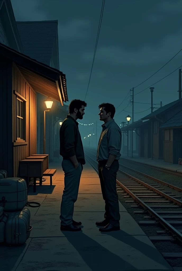 Two man stand together on the railway small platform at night