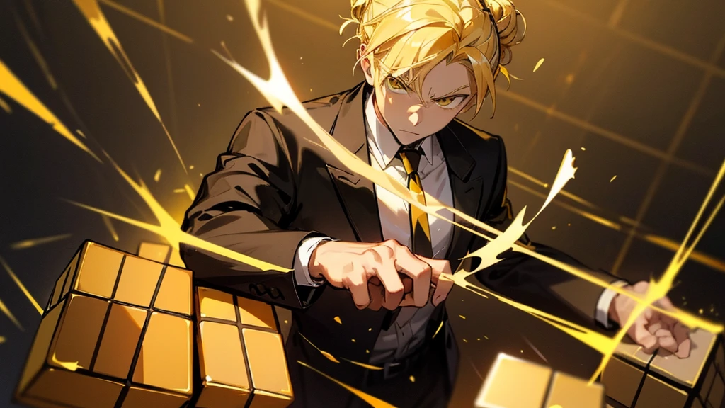 blonde hair, golden eyes, hair tied up into a bun, yellow detailed light from rubiks cube, black jacket, golden shirt, mature male, muscular, serious expression, yellow rubiks cube, one male