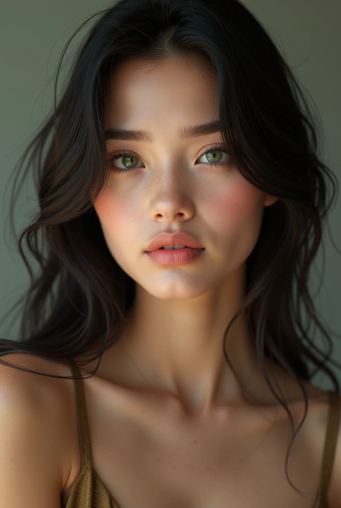 Femme magnifique, une vingtaine d’annee, attirante, brune, aux yeux verts, le plus realiste possible