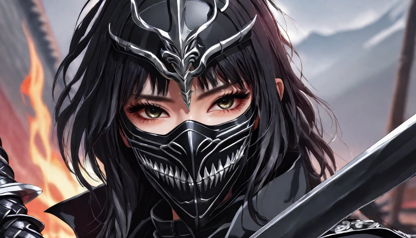 best quality masterpiece, anime,  ninja , cape,close up, black heavy detailed clothes, single person, weapon, art, dark and malevolent, weapon, armor, powerful and intimidating, (masterpiece, best quality, ultra-detailed, best shadow), (detailed background, dark fantasy) , armor, high detailed background, girl in demon slayer art, demon slayer art style, epic anime art, God death