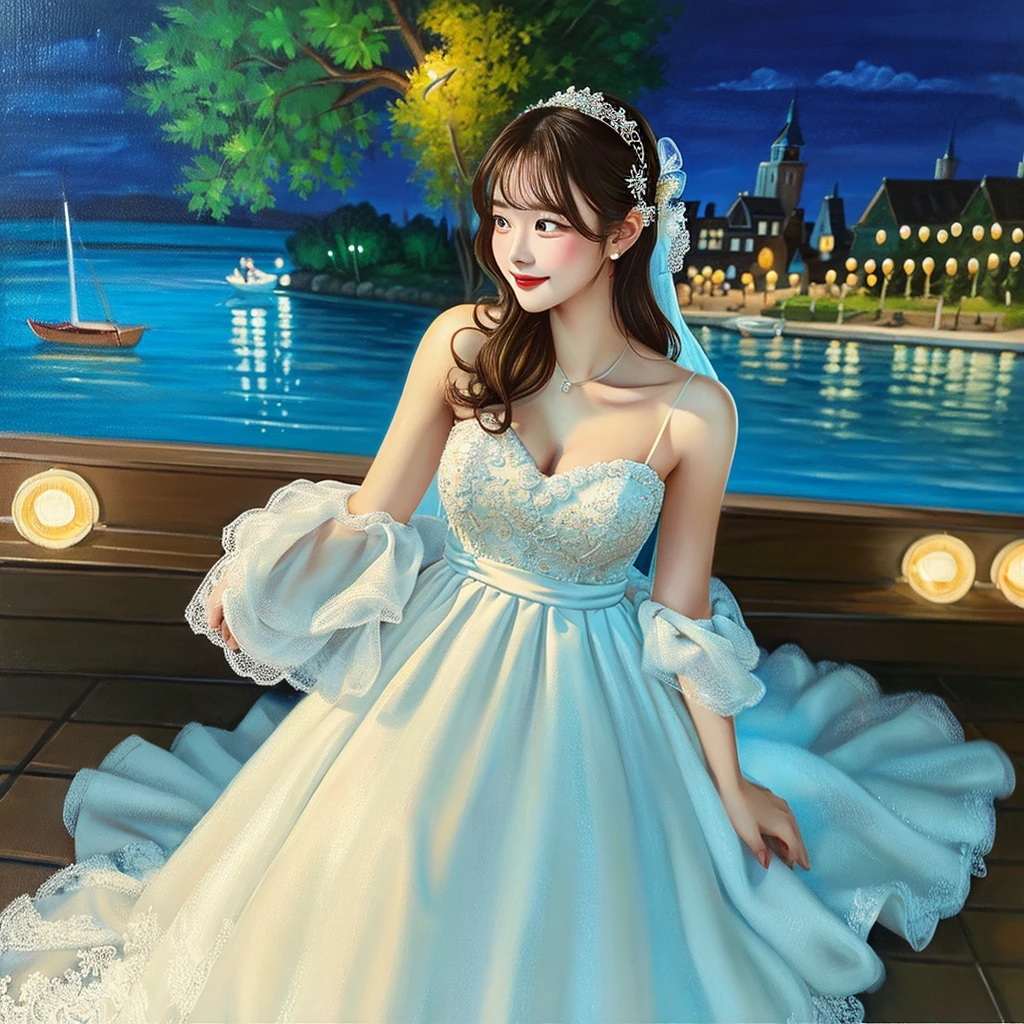 (best quality, high definition, masterpiece:1.2,), Illustration, night, 1girl, full body, (wedding dress), arm behind back, waiting for kiss, looking at viewer, happy, blush, hyper-realistic painting, super 8k HD, high quality, highest quality, 32k -v 6, high resolution, 8k hd, watermark smooth, image big resolution 4Mb + data, realistic color, filmography, paintings 3d,