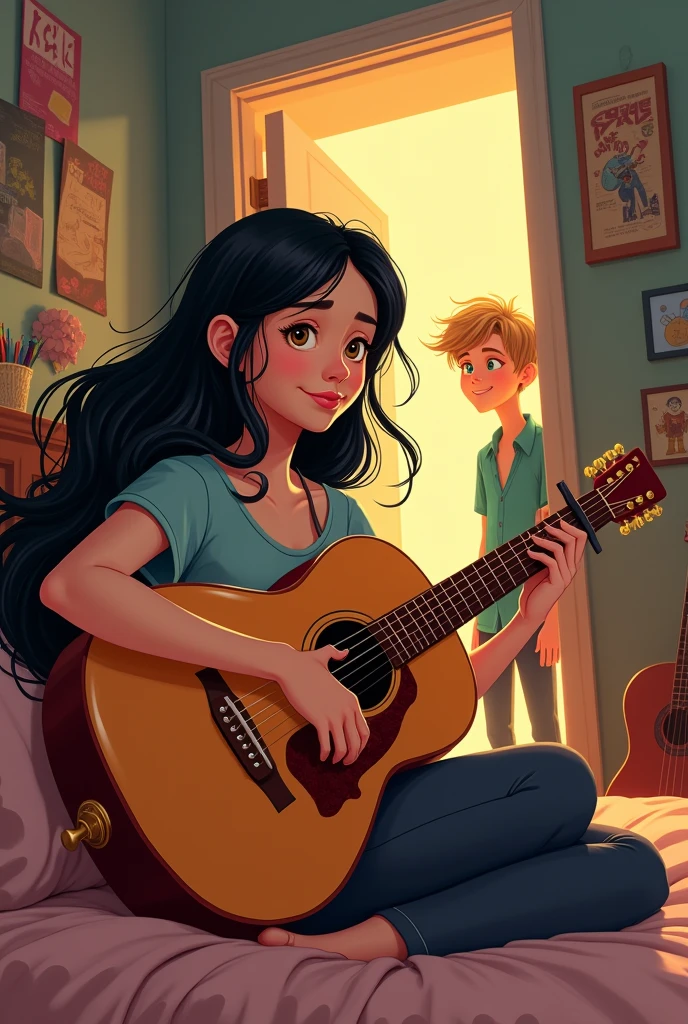 C'est une photo d'une jeune fille, de longue chevelure noir avec une frange Dora et des yeux marrons entrain de jouer de la guitare dans sa chambre et par la porte d'entrée de sa chambre se trouve un jeune homme au cheveux blond chatain et des yeux turquoise rivé vers la jeune fille et entrain d'écouter sa douce mélodie. Version pixar 2d