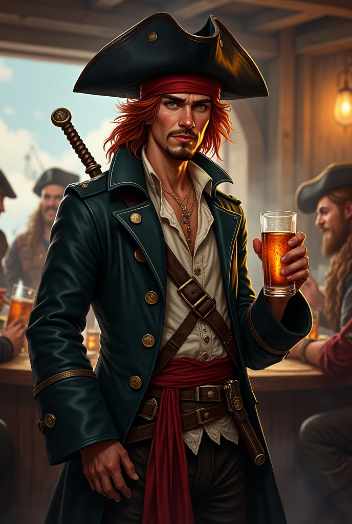 Crea un immagine di un personaggio intero di razza umana per d&d. A young pirate with long red hair with a goatee and red mustache and dark green eyes. He wears a black leather hat, porta un trench coat piratesco con sotto una camicia leggera e un gilet rovinato. In life he wears a red band, two sabres and two pistols. He is drinking room and partying with other sailors and partying in a pub with a pirate port in the background