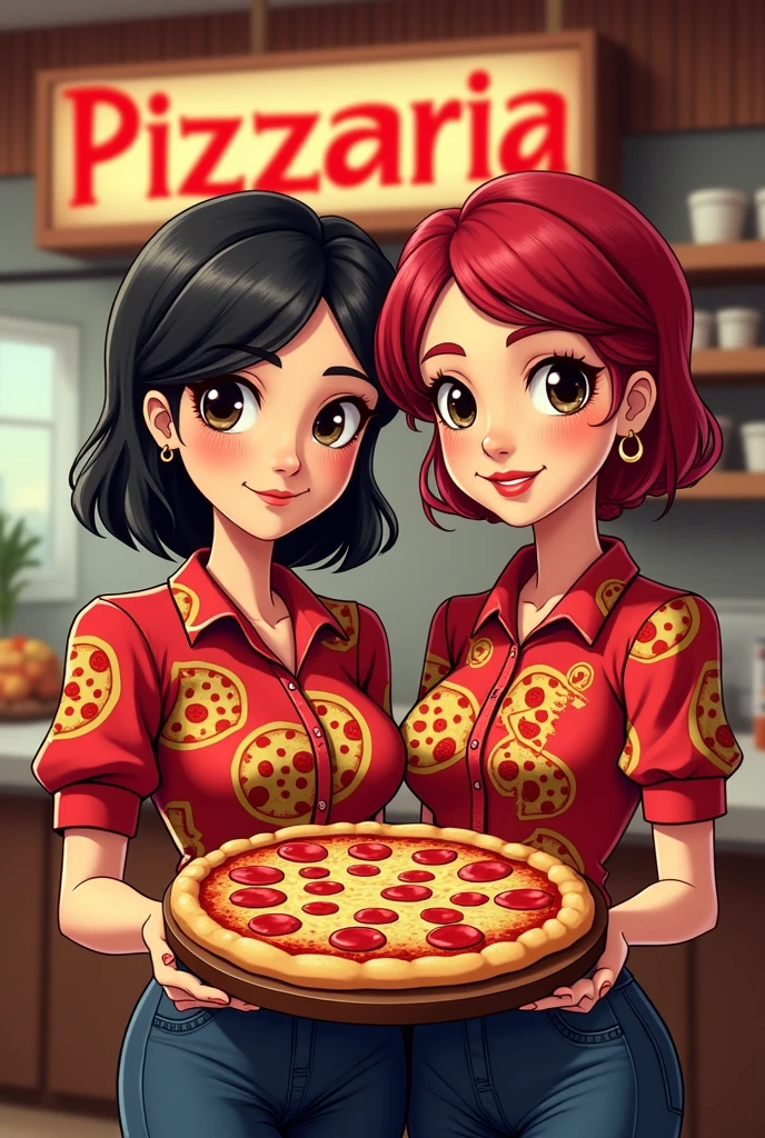 a logo with the name PIZZARIA IN THE HOUSE and a woman, short hair, smooth ass, blackw, and black eyes with a red blouse and pizza print and another woman, slim, short hair, red and wavy, with red blouse with pizza print, holding up a pizza