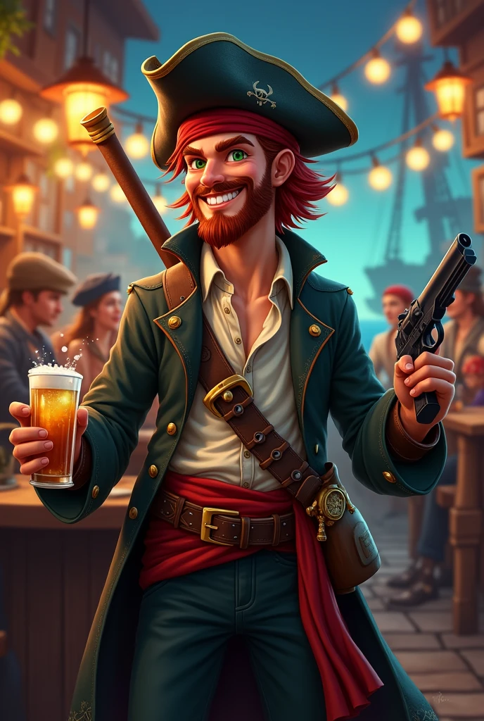 Crea un immagine di un personaggio intero di razza umana per d&d. A young pirate with a cheerful look, medium length red hair with a short goatee and a dark red mustache and dark green eyes. He wears a black leather hat, porta un trench coat piratesco con sotto una camicia leggera e un gilet rovinato. In life he wears a red band, two sabres and two pistols. He is drinking room and partying with other sailors in a pub with a pirate port in the background.