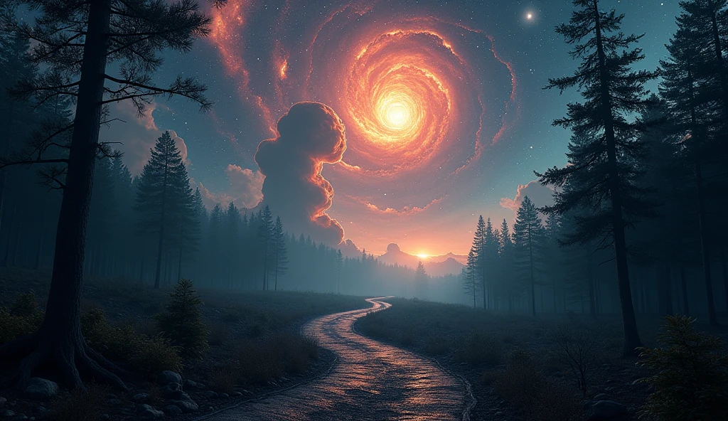 wallpaper of dark forest path, galaxy with explosion in galaxy space, epic apocalyptic view of disaster in galaxy