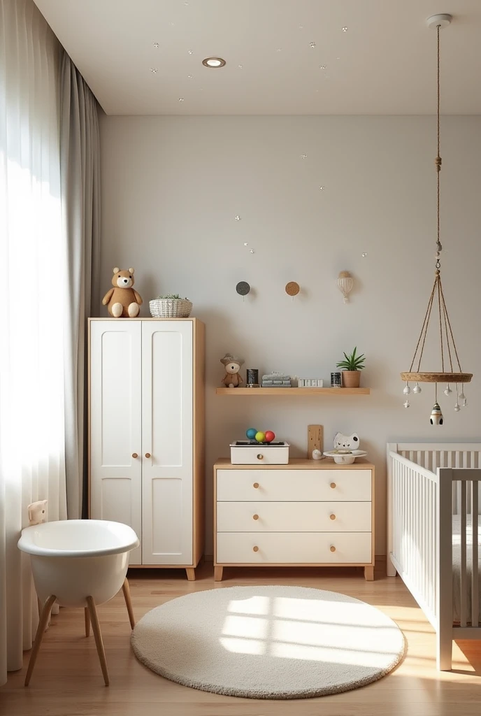 Create a baby room, with astronaut theme. The room must have a white dresser, white wardrobe, cama montessori, a movable hanging bathtub and a toy chest area. The room size is 2,75 for 2,95