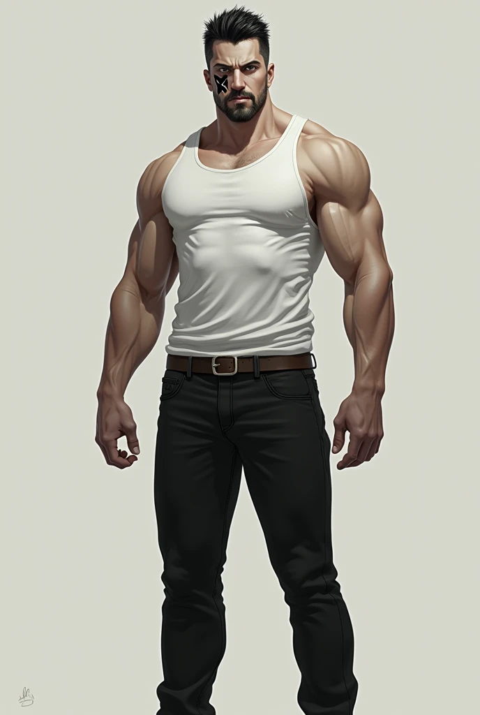 Tall Man, muscular, white tank top, black hair, short hair, black eyes, X-shaped scar on left cheek, short beard and mustache, pale, black pants, black shoes.