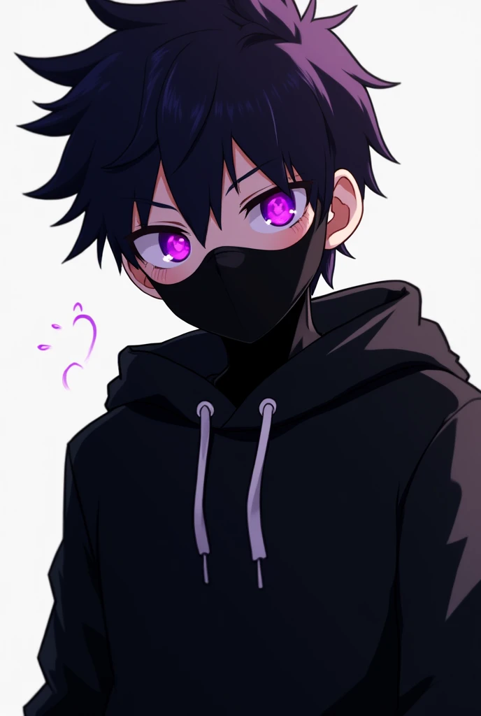  1 boy with purple glowing eyes and slightly spiky hair with an evil and intimidating look with a black sweatshirt and a black mask covering his nose and mouth , 2D Anime .